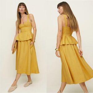 NEW! NWOT Reformation Misty Linen Two Piece Set Yellow Peplum Top Midi Skirt
